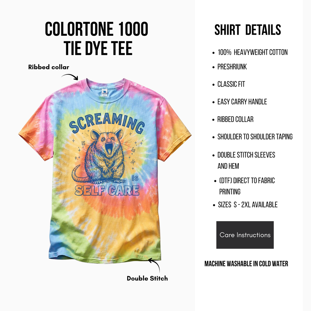 Tie-dye t-shirt with 'Screaming Self Care' design and product details on a white background
