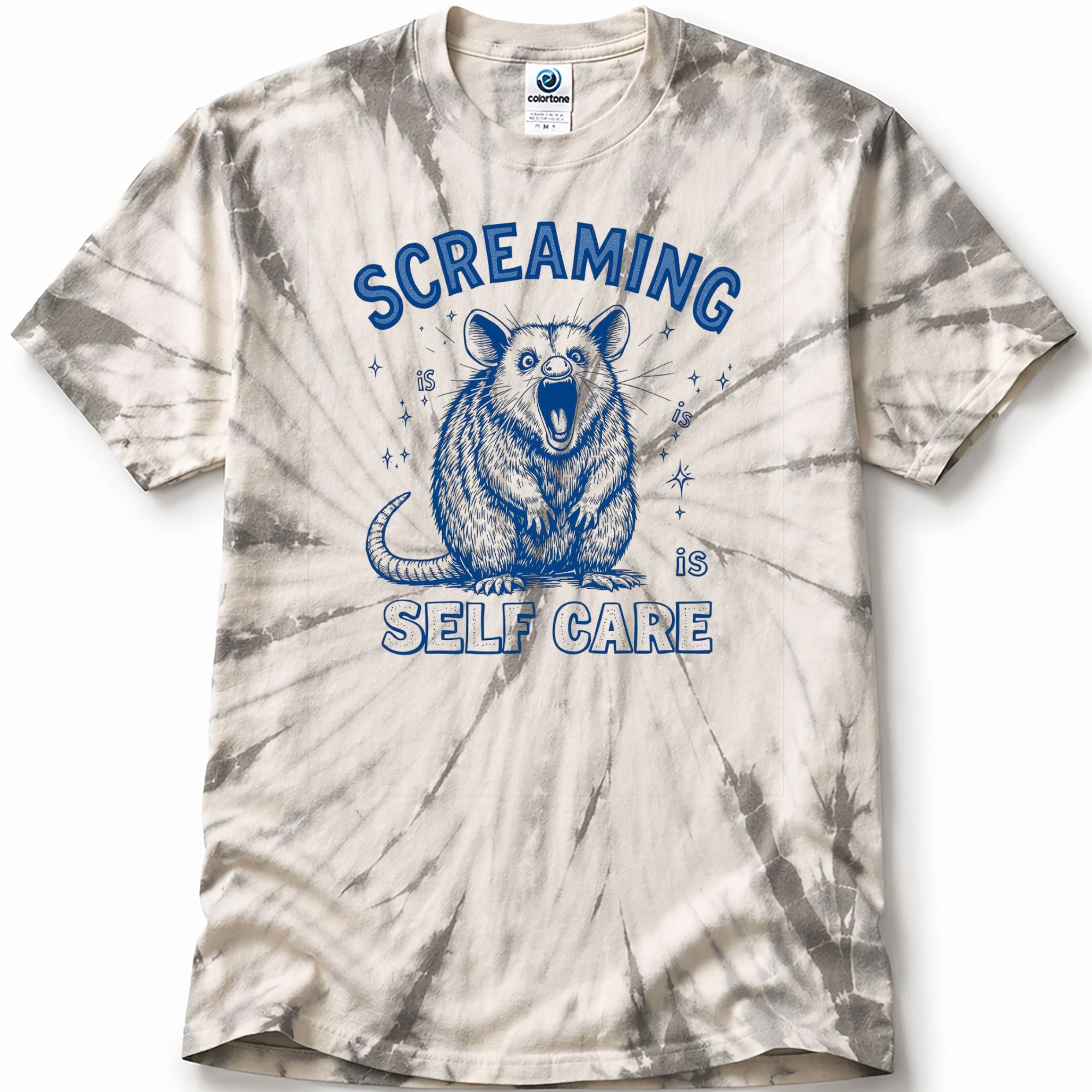 Tie-dye t-shirt with blue graphic of a possum and text 'Screaming is Self Care' on a white background