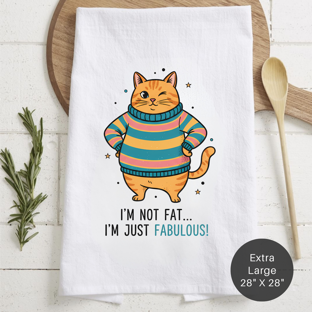 Tea towel with a cat in a sweater design and text on a wooden board.