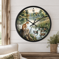 Orange Tabby by the Lake Wall Clock –  Cat & Ducks Scenic Decor