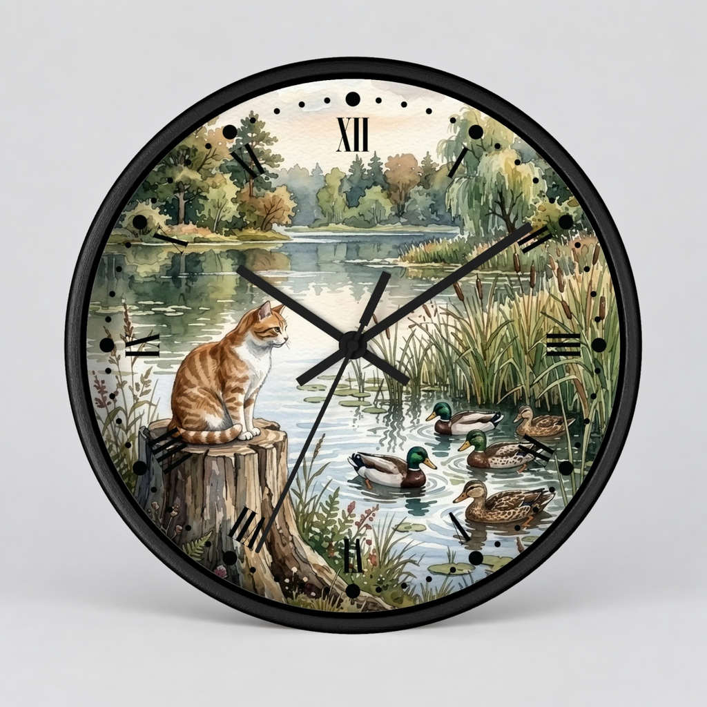 Orange Tabby by the Lake Wall Clock –  Cat & Ducks Scenic Decor