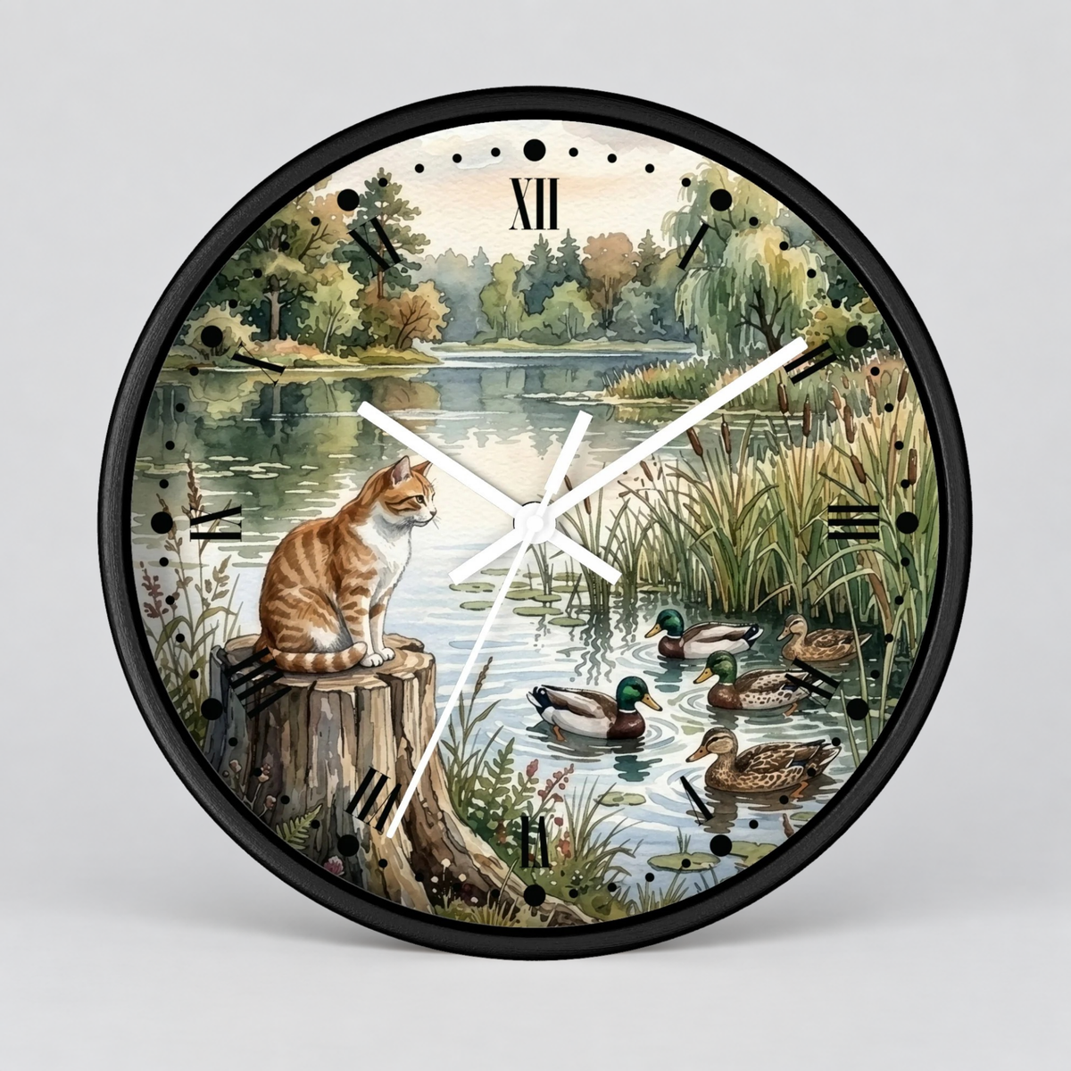 Orange Tabby by the Lake Wall Clock –  Cat & Ducks Scenic Decor