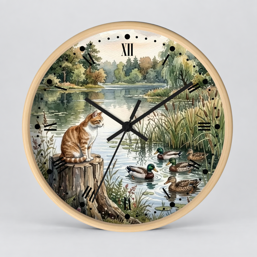 Orange Tabby by the Lake Wall Clock –  Cat & Ducks Scenic Decor