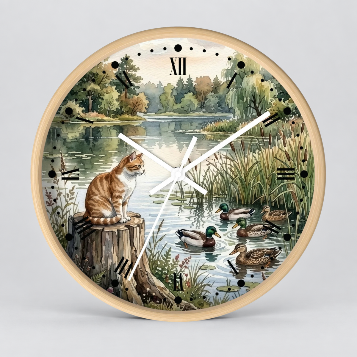 Orange Tabby by the Lake Wall Clock –  Cat & Ducks Scenic Decor