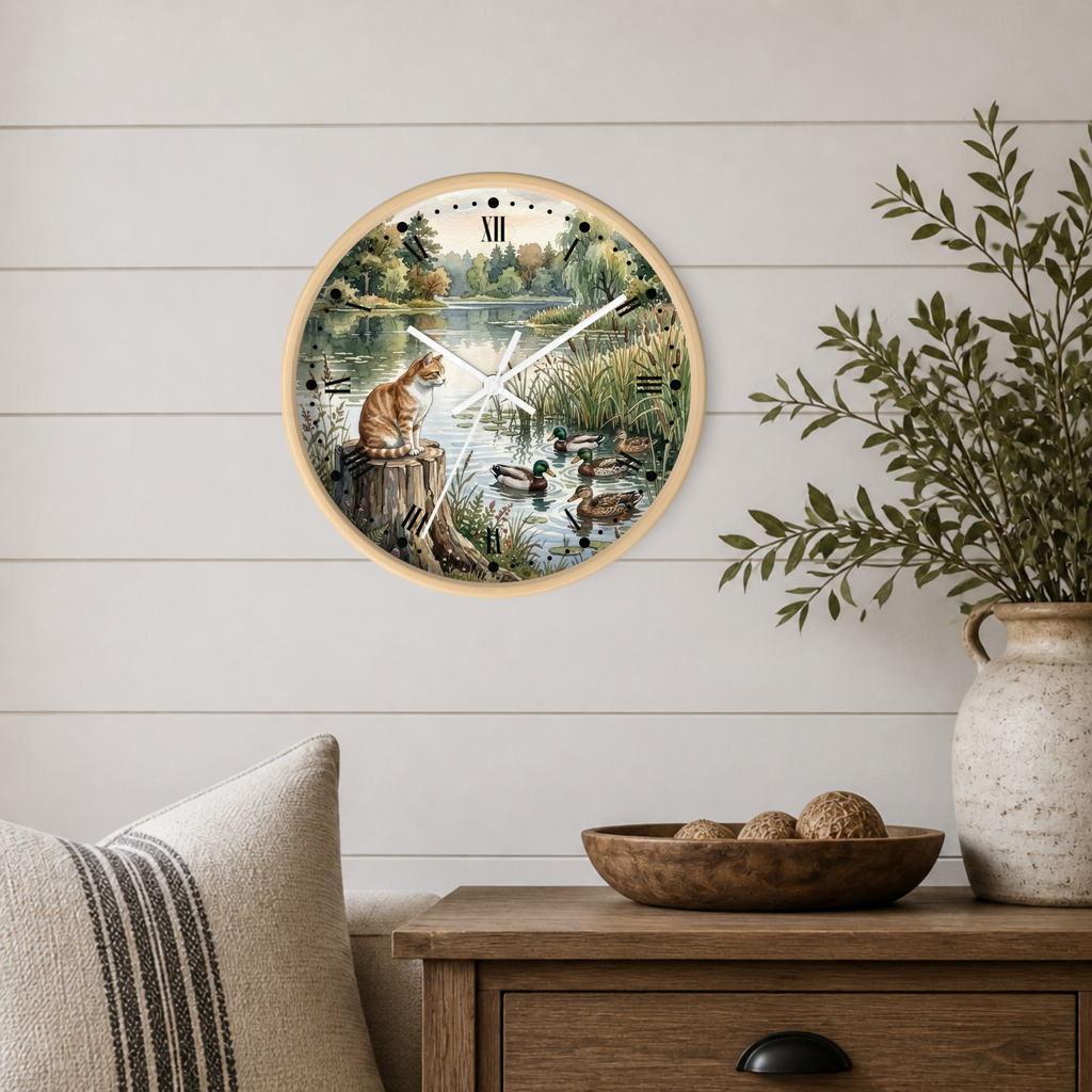 Orange Tabby by the Lake Wall Clock –  Cat & Ducks Scenic Decor