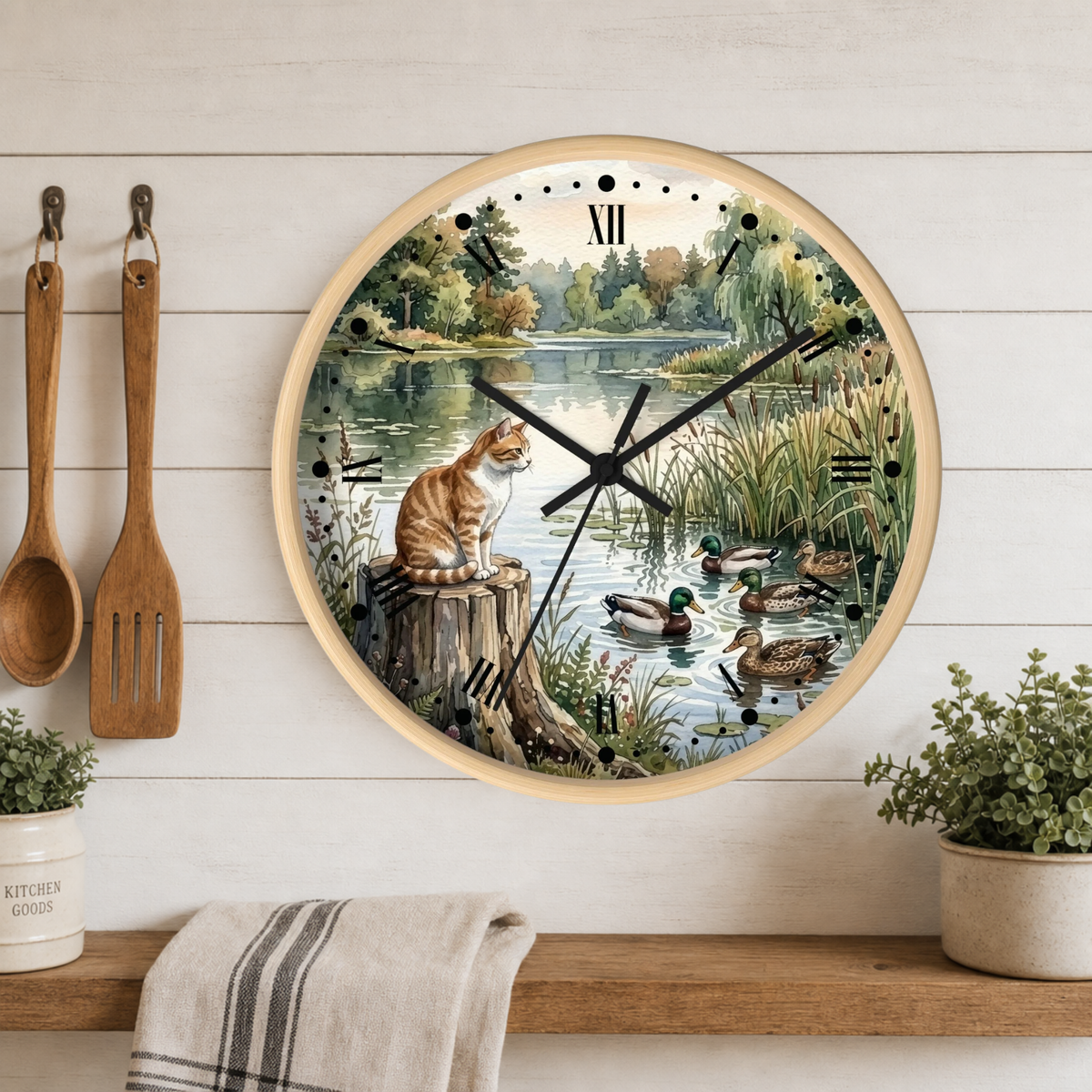 Orange Tabby by the Lake Wall Clock –  Cat & Ducks Scenic Decor