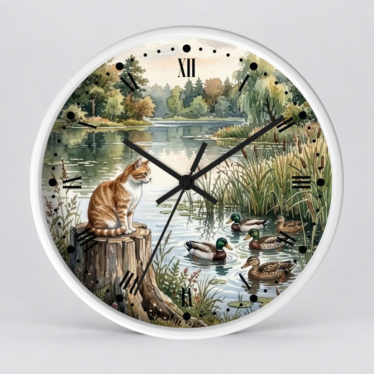 Orange Tabby by the Lake Wall Clock –  Cat & Ducks Scenic Decor