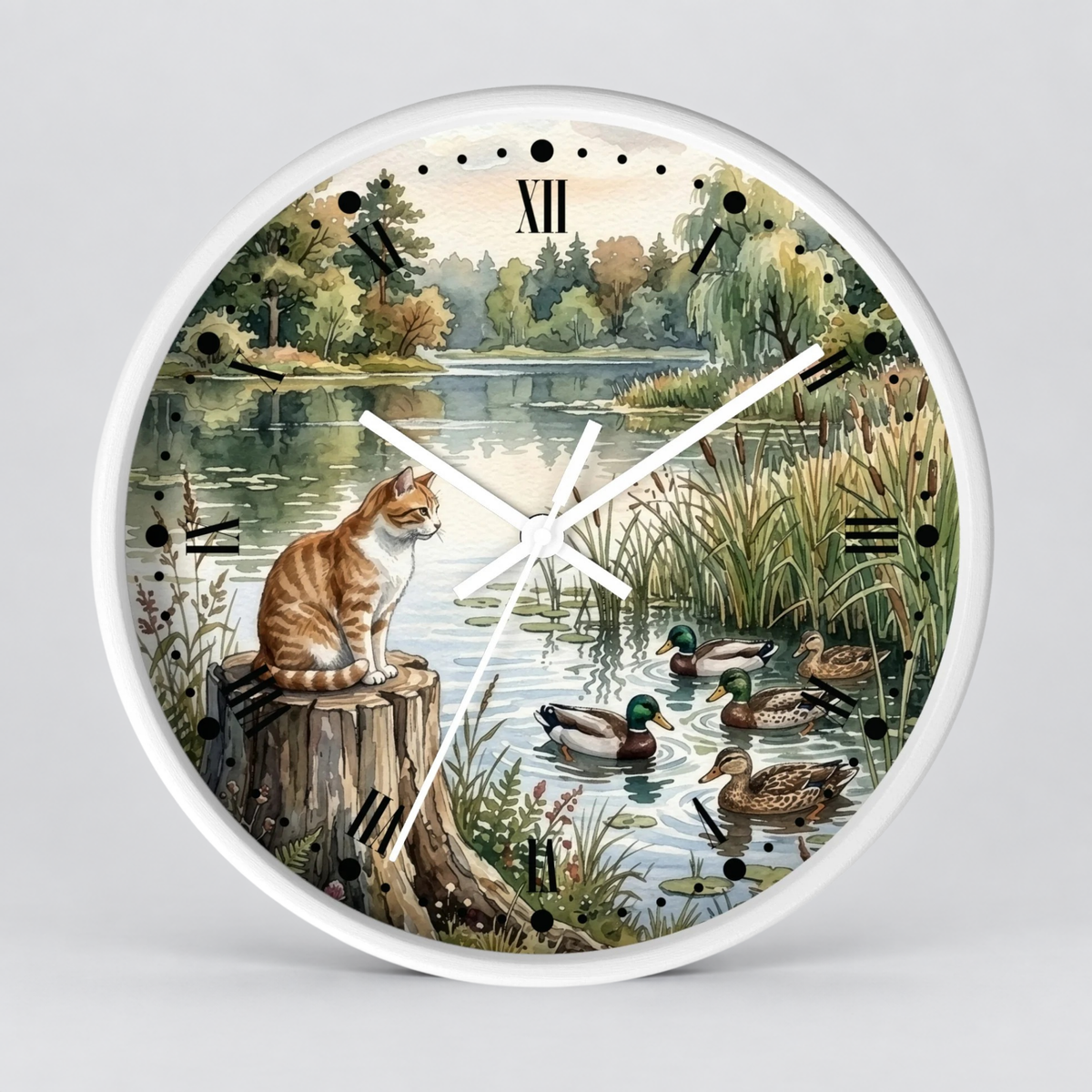 Orange Tabby by the Lake Wall Clock –  Cat & Ducks Scenic Decor