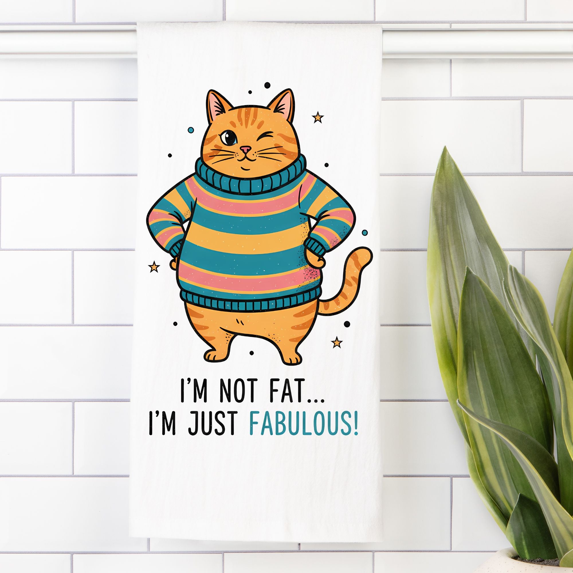 Tea towel with Cartoon cat in a striped sweater with text on a white tiled wall background