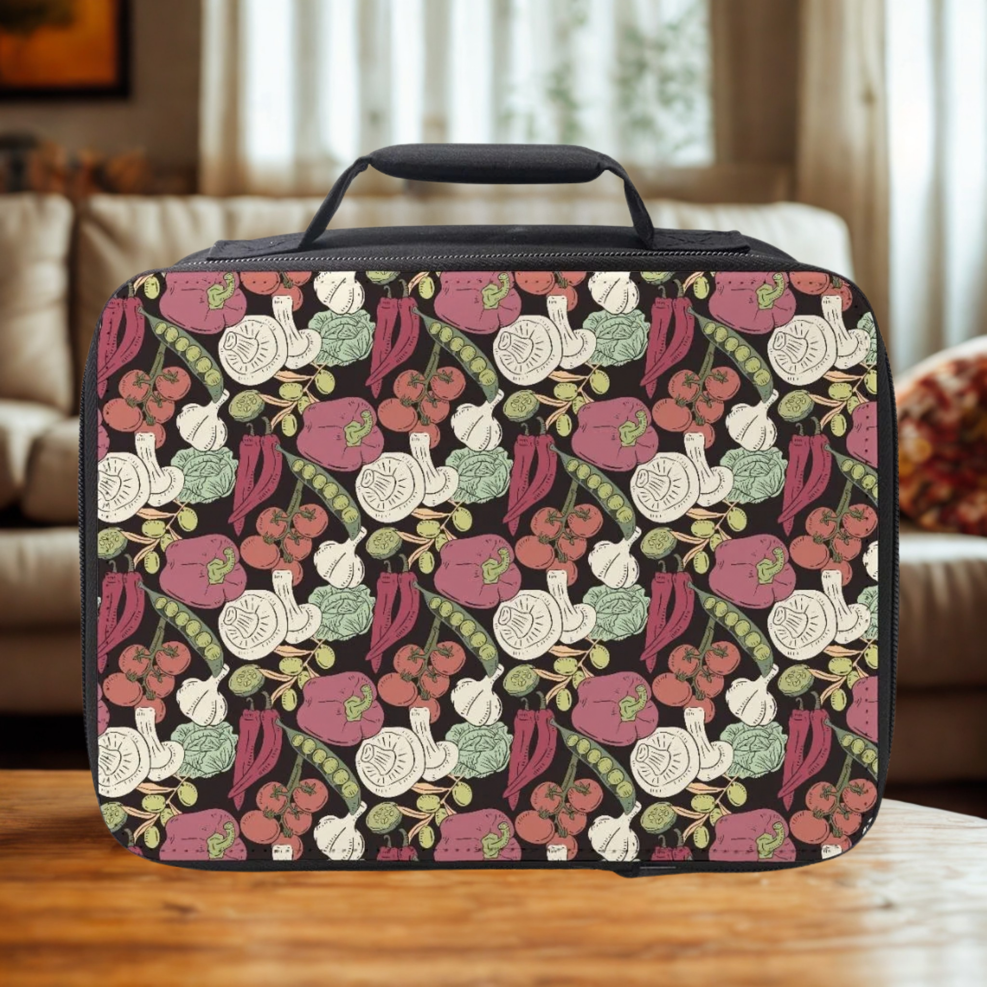 Black lunch bag with colorful vegetable pattern on a wooden coffee table in a cozy living room.