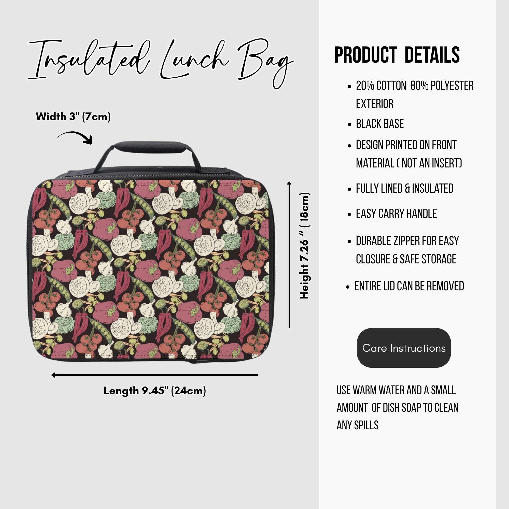 black lunch bag with a vegetable patterned design and product details on a beige and white background. 