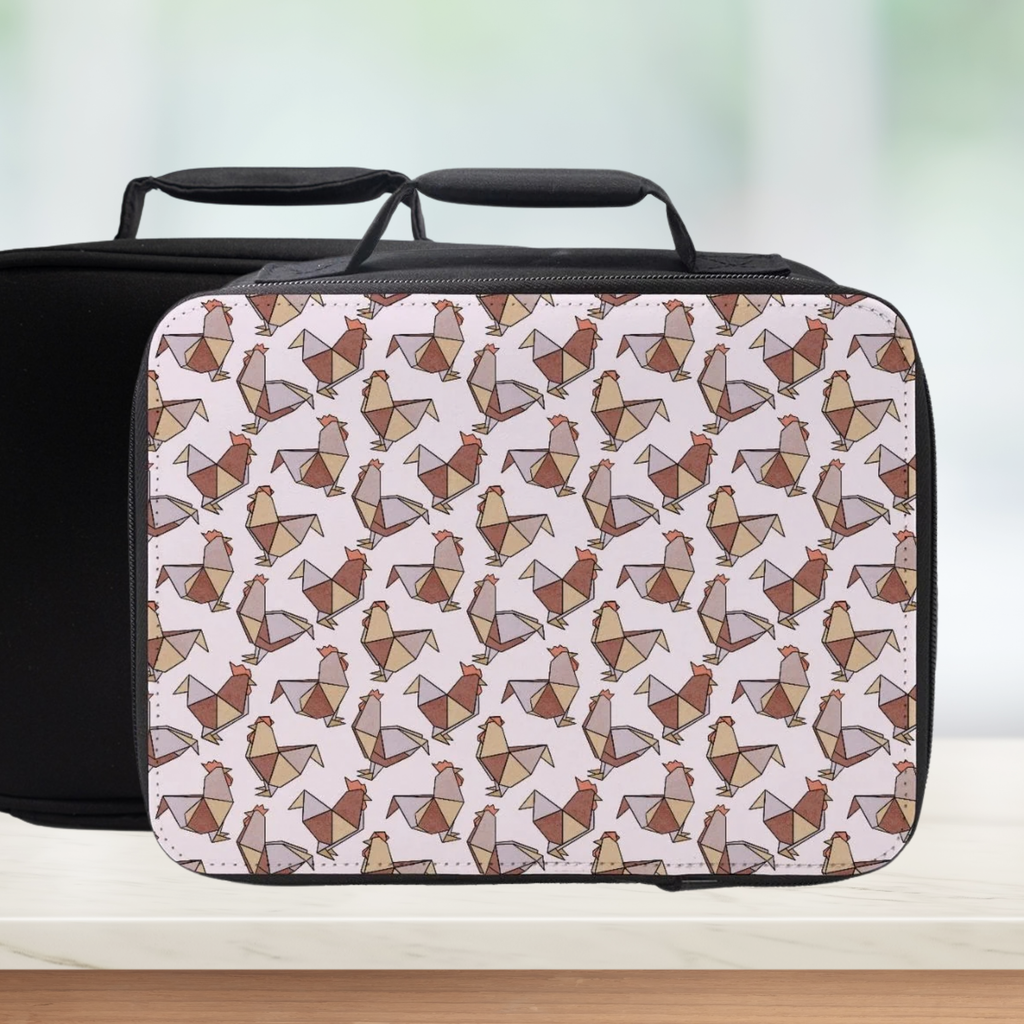 Lunch bag with geometric origami chicken pattern on a white background
