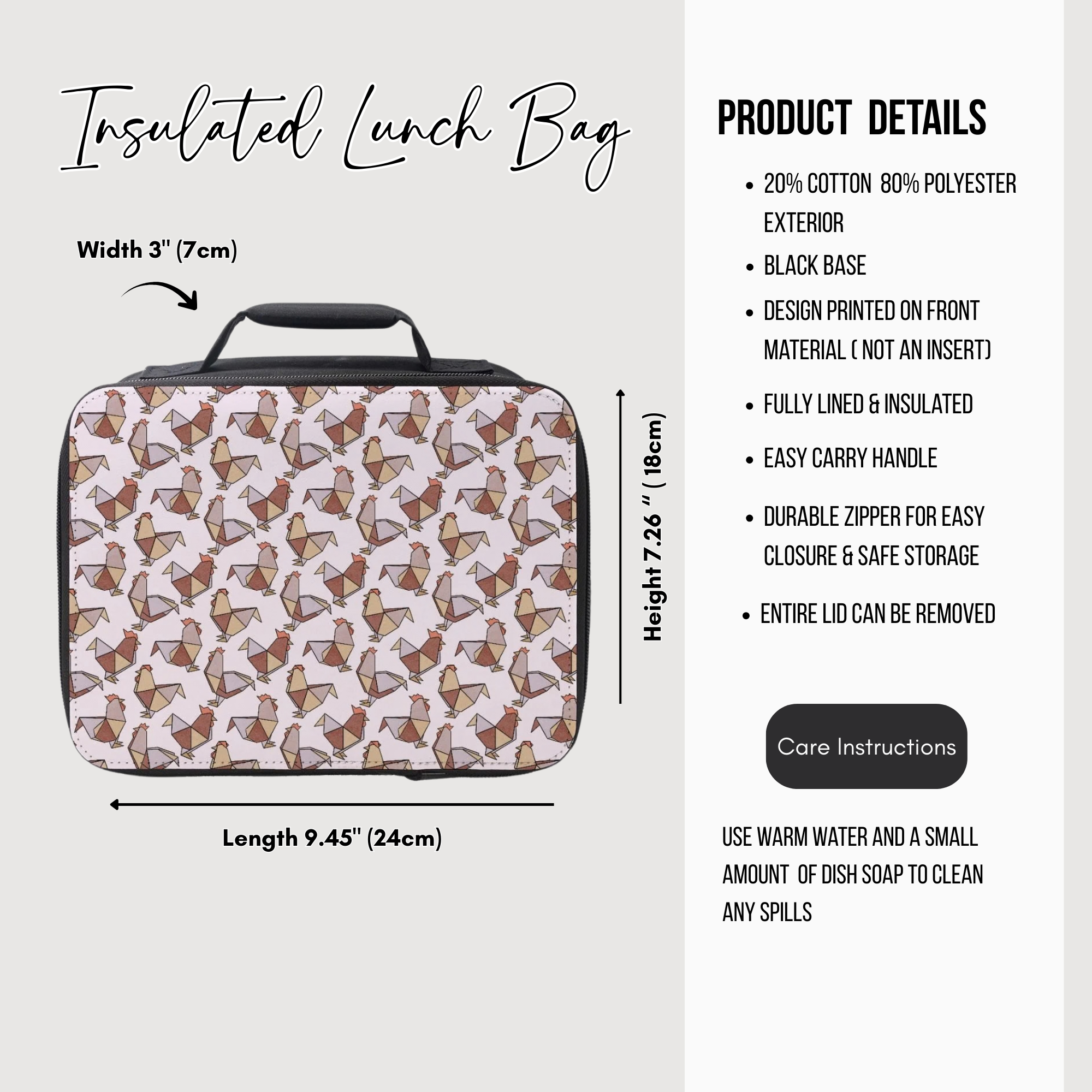 Insulated lunch bag with an origami chicken pattern and product details on a white background