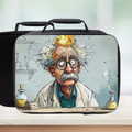 Lunch bag with a cartoon scientist design on a white background