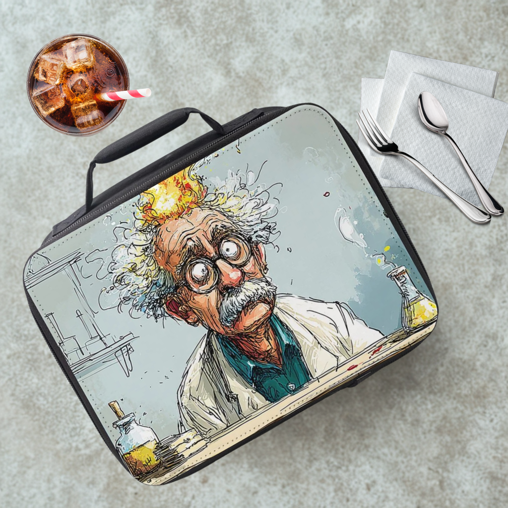 Lunch bag with a scientist design on a cafeteria table with a drink and utensils.