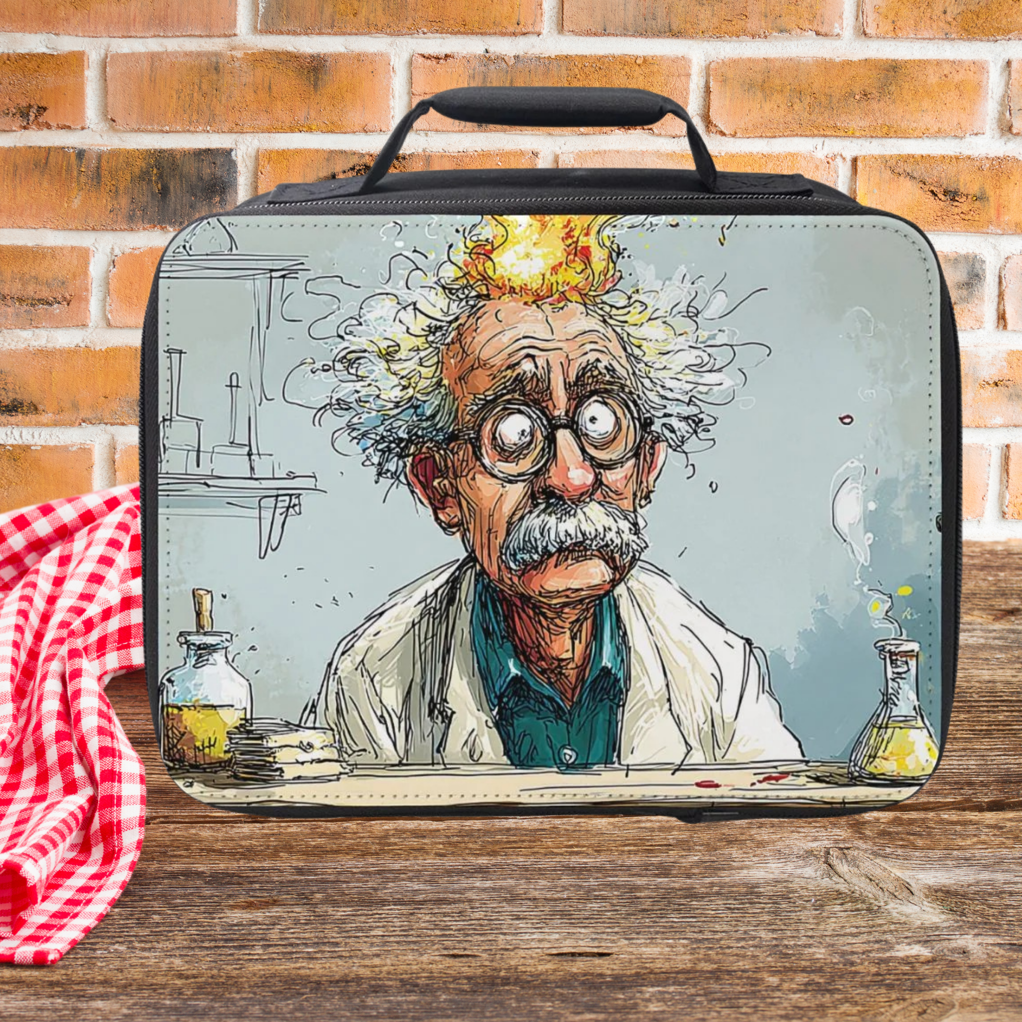 Lunch bag with a cartoon scientist design on a wooden picnic table and brick wall background