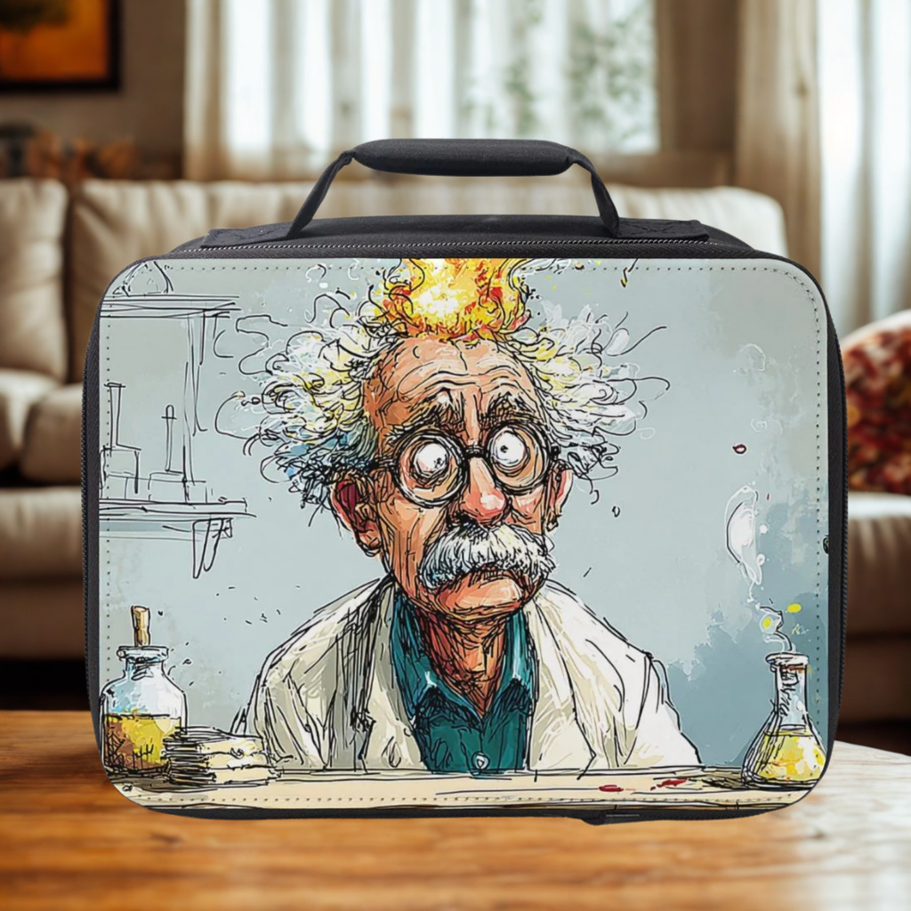 Lunch bag with a cartoon depiction of a scientist on a wooden table in a cozy living room.