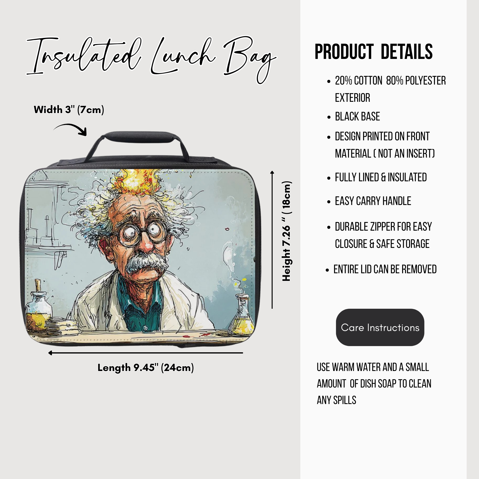 Insulated lunch bag with a design of a scientist and product details on a white background