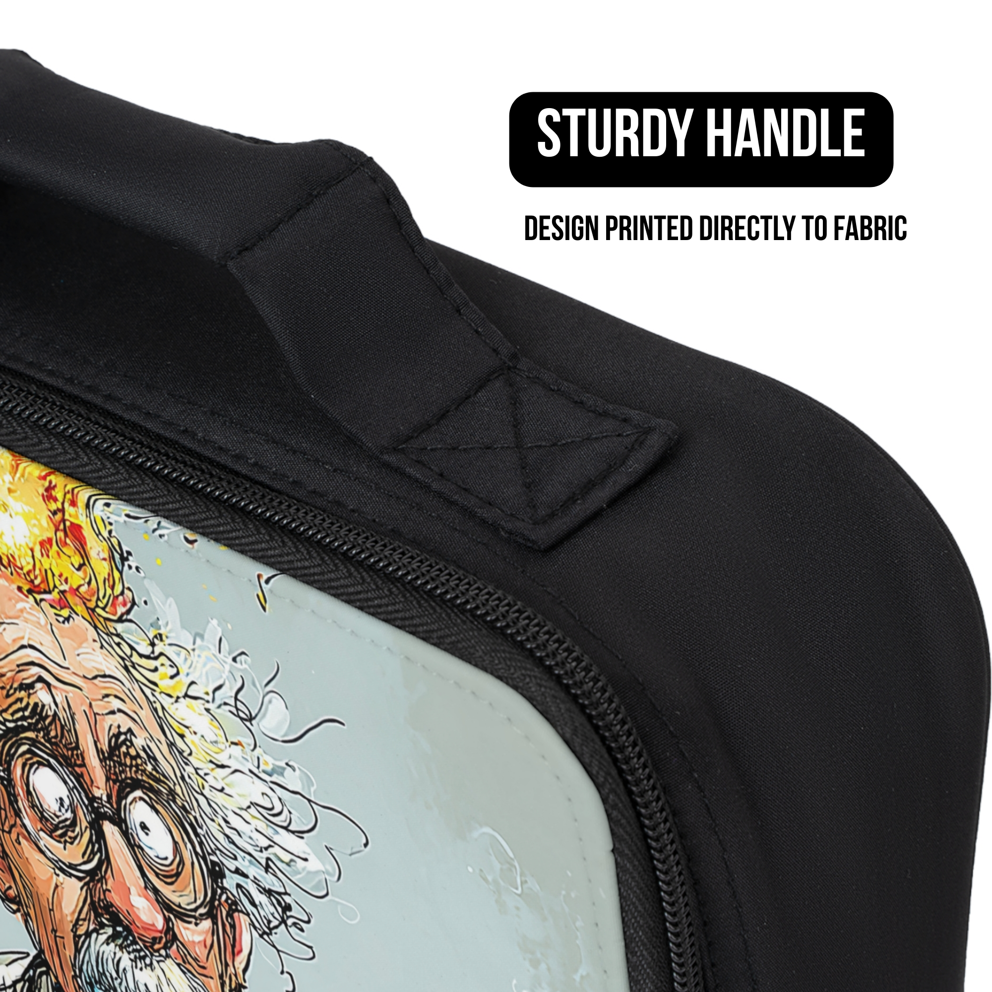 Black lunch bag with a design printed directly to fabric, featuring a handle and text indicating the feature.