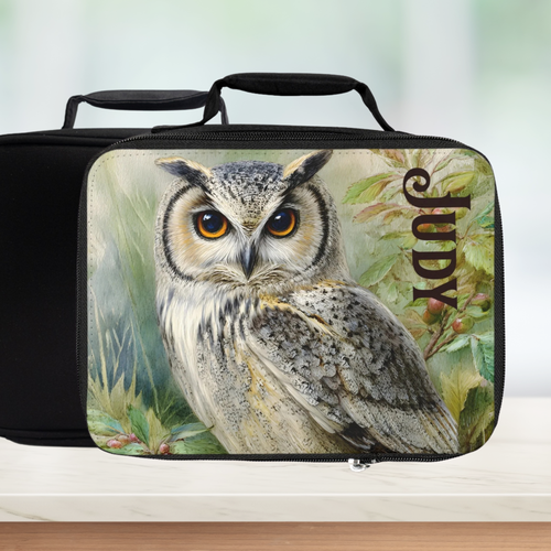  insulated lunch bag with an owl design and the name 'Judy' on a blurred background