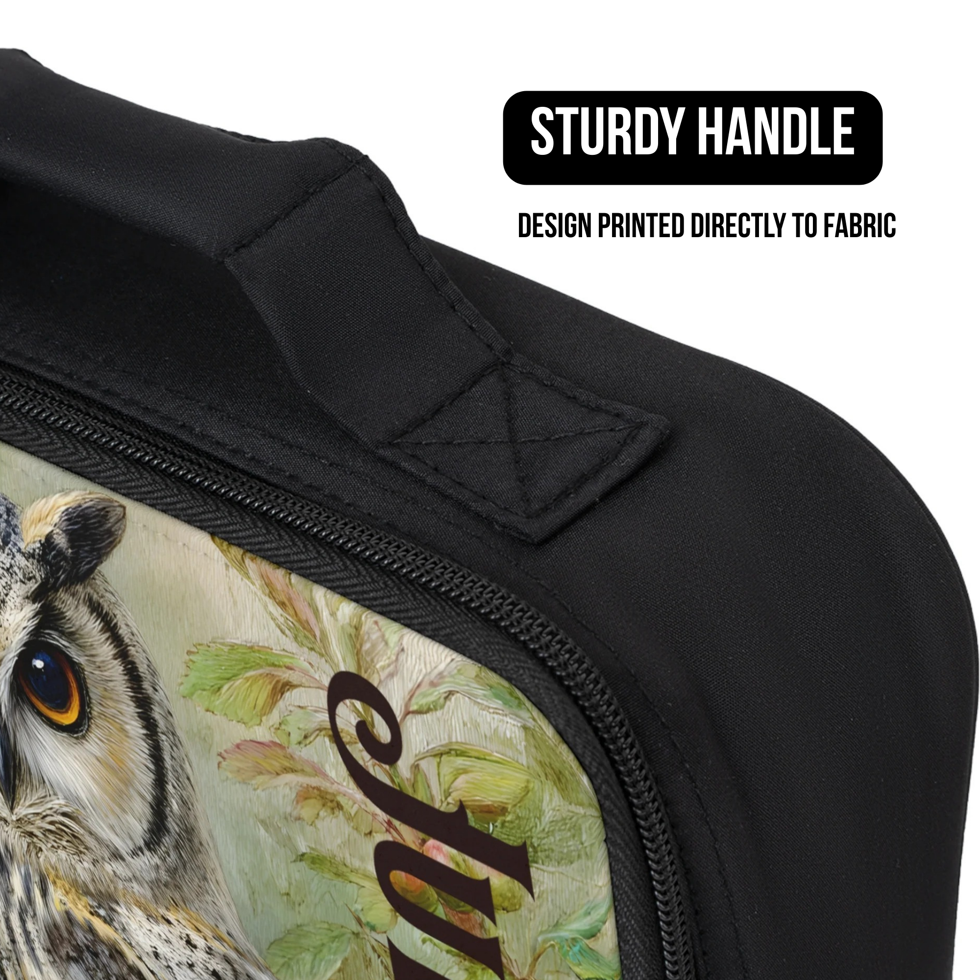 Black lunch bag with owl design and sturdy handle feature
