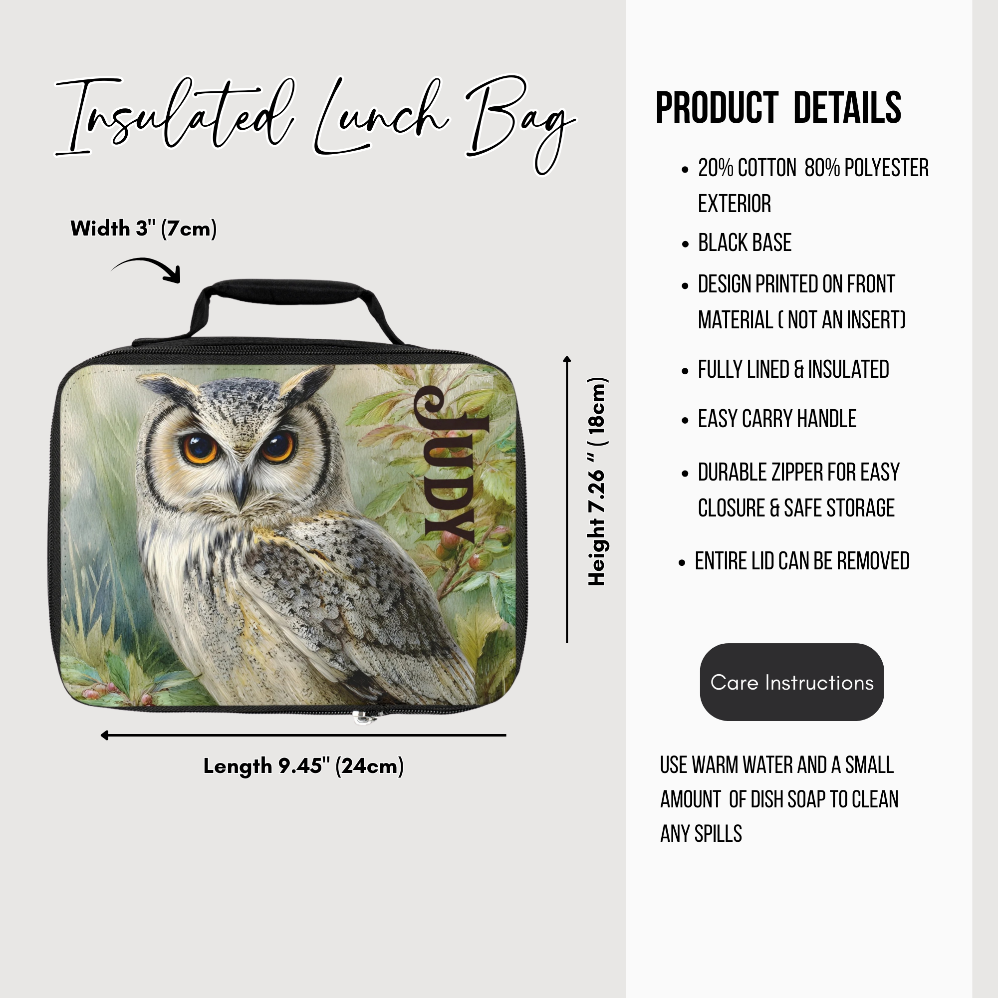 Insulated lunch bag with owl design and product details on a white background