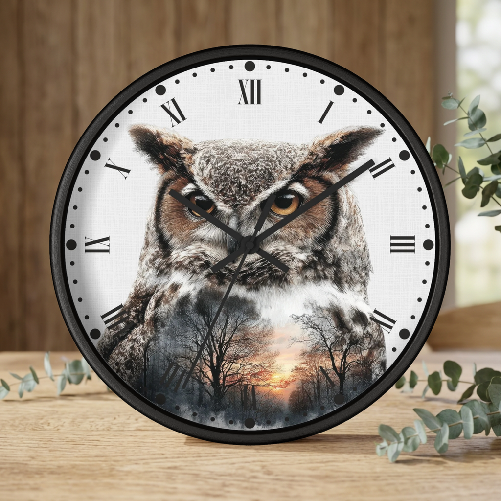 Round wall clock with a black frame and Roman numerals, featuring a large owl face at the top and a forest sunset scene at the bottom. The clock is shown standing on a wooden surface with blurred eucalyptus leaves and a wood-paneled background.