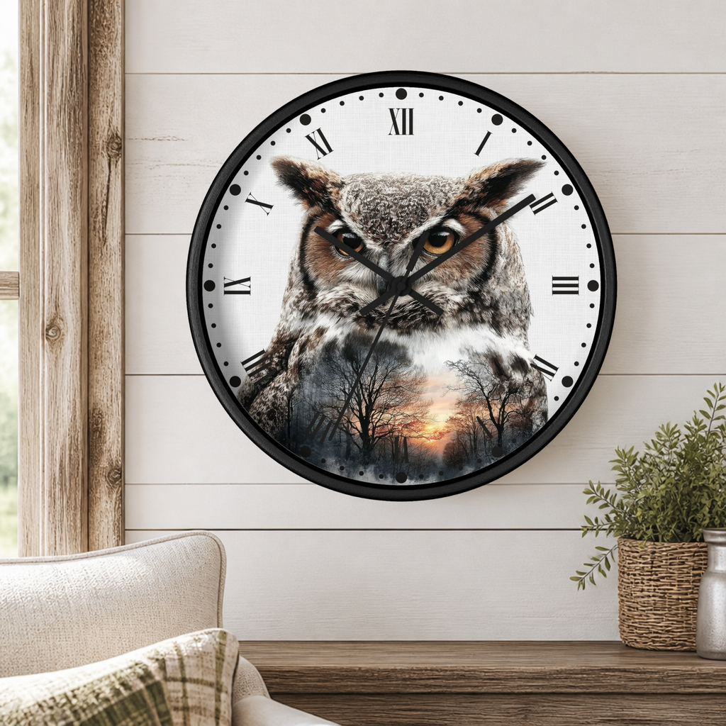 A round wall clock with a black frame and Roman numerals, featuring a detailed owl face over a misty forest sunset scene on the clock face. The clock is mounted on a white shiplap wall above a wooden console table with a potted plant and part of a sofa visible.
