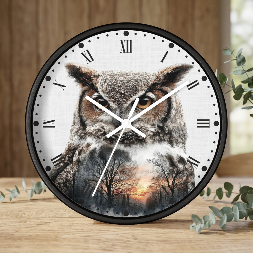 Round wall clock with a black frame and a printed owl face over a forest sunset scene, styled on a wooden surface with eucalyptus branches in the background.