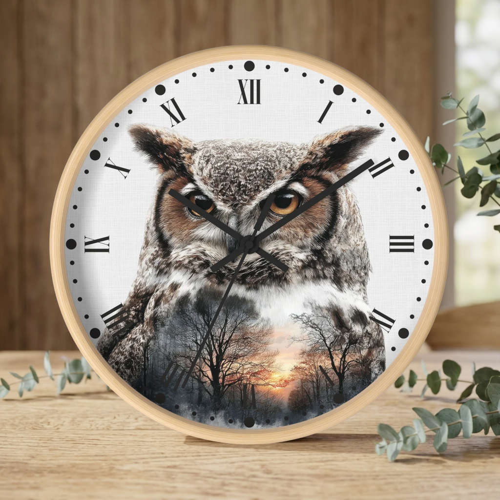 Round wall clock with a light wood frame and a printed owl face over a forest sunset scene on the dial. The clock has black Roman numerals and black hands, and is shown standing on a wooden surface with blurred greenery and a wood-paneled background.