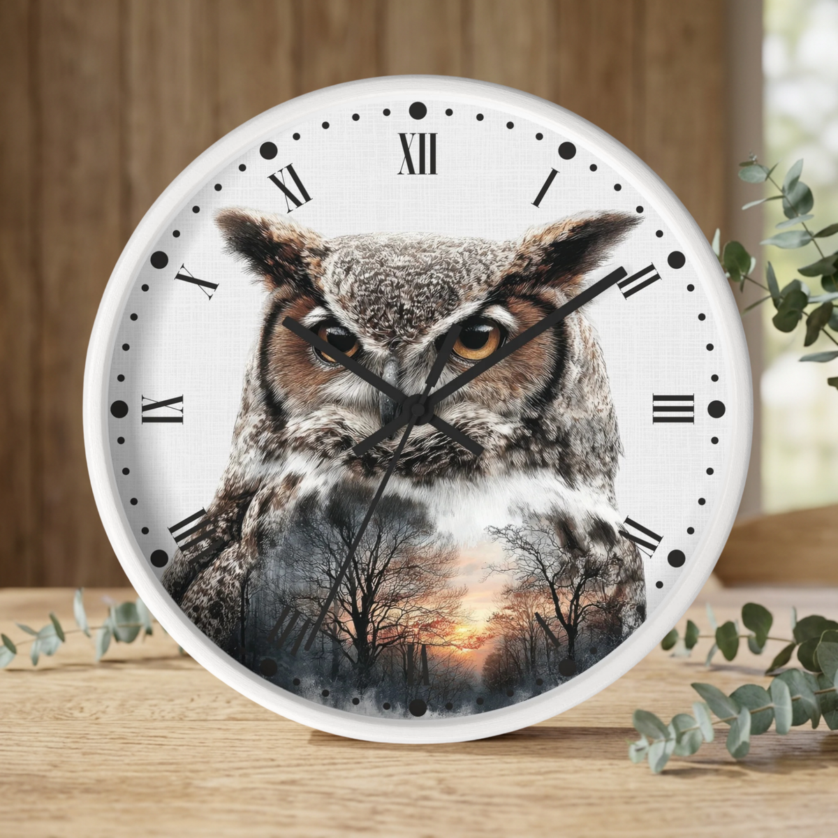 A round wall clock with a white frame and Roman numerals, featuring a large owl face on the upper half and a forest sunset scene on the lower half. The clock is shown standing on a wooden surface with blurred greenery and a wood-paneled background.