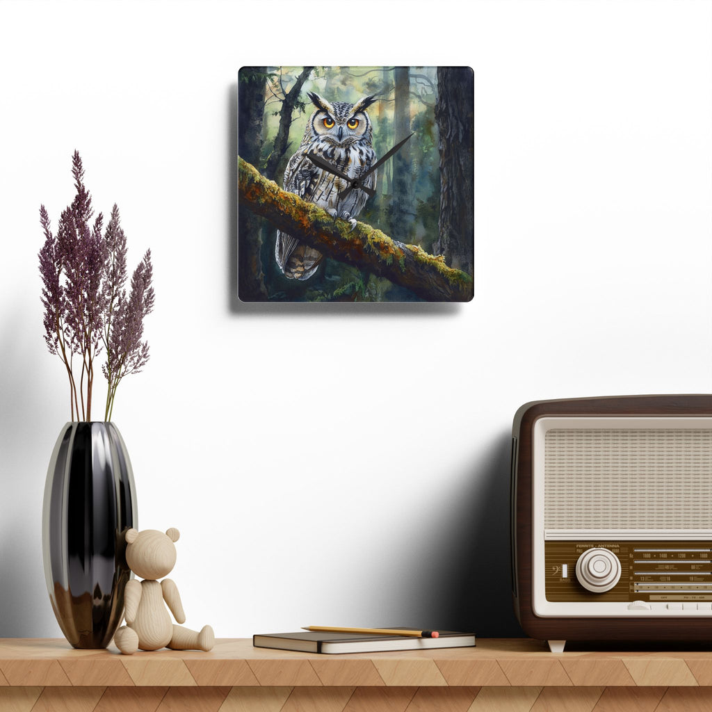 Decorative s owl painting designed square clock on a wall above a shelf with home accents