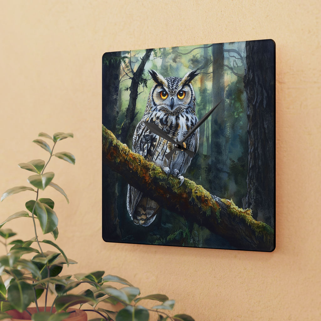 Wall clock with an owl design on a beige wall