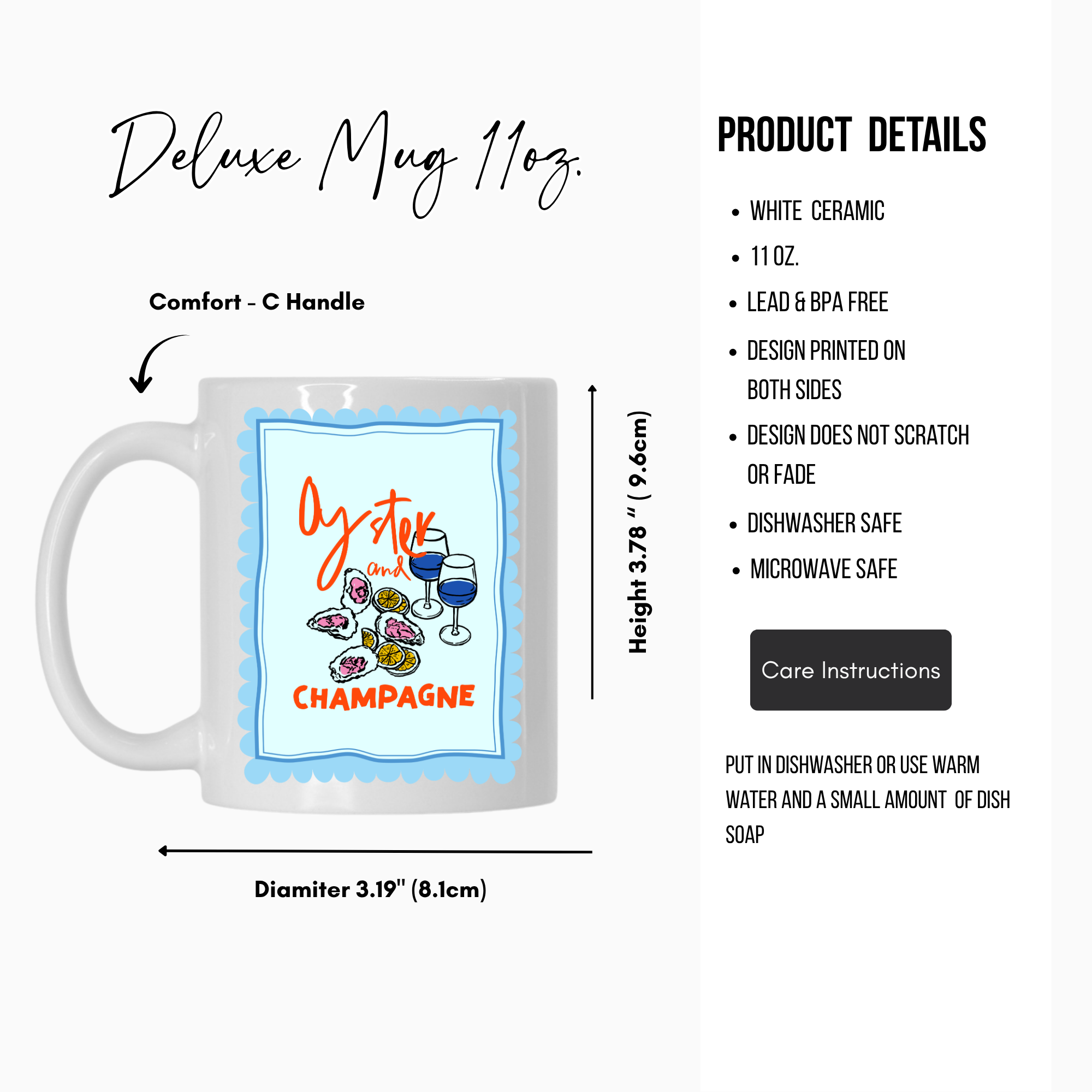 White 11oz. ceramic mug with colorful design and product details on a white background