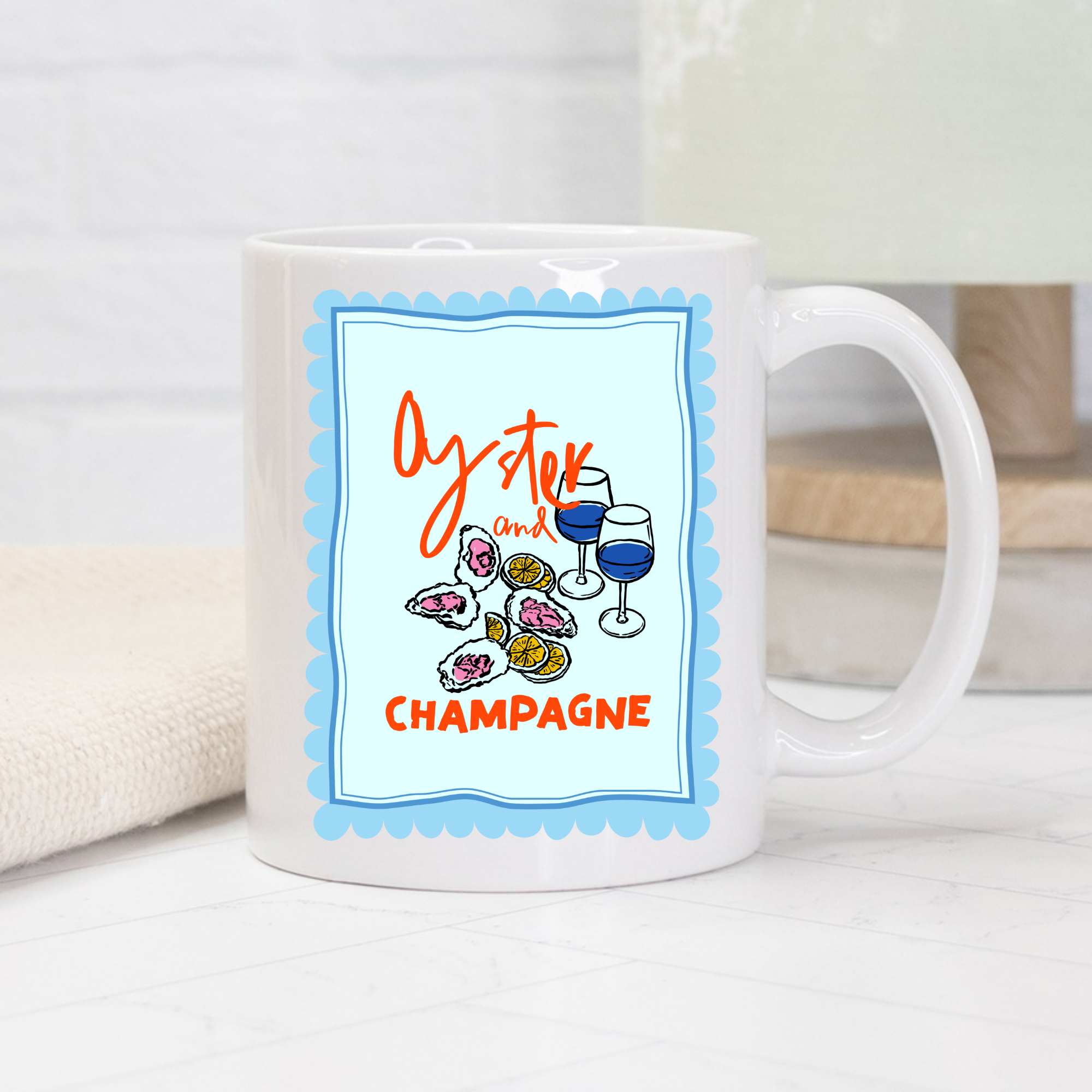 White 11oz. mug with a colorful design featuring oysters and champagne on a light background