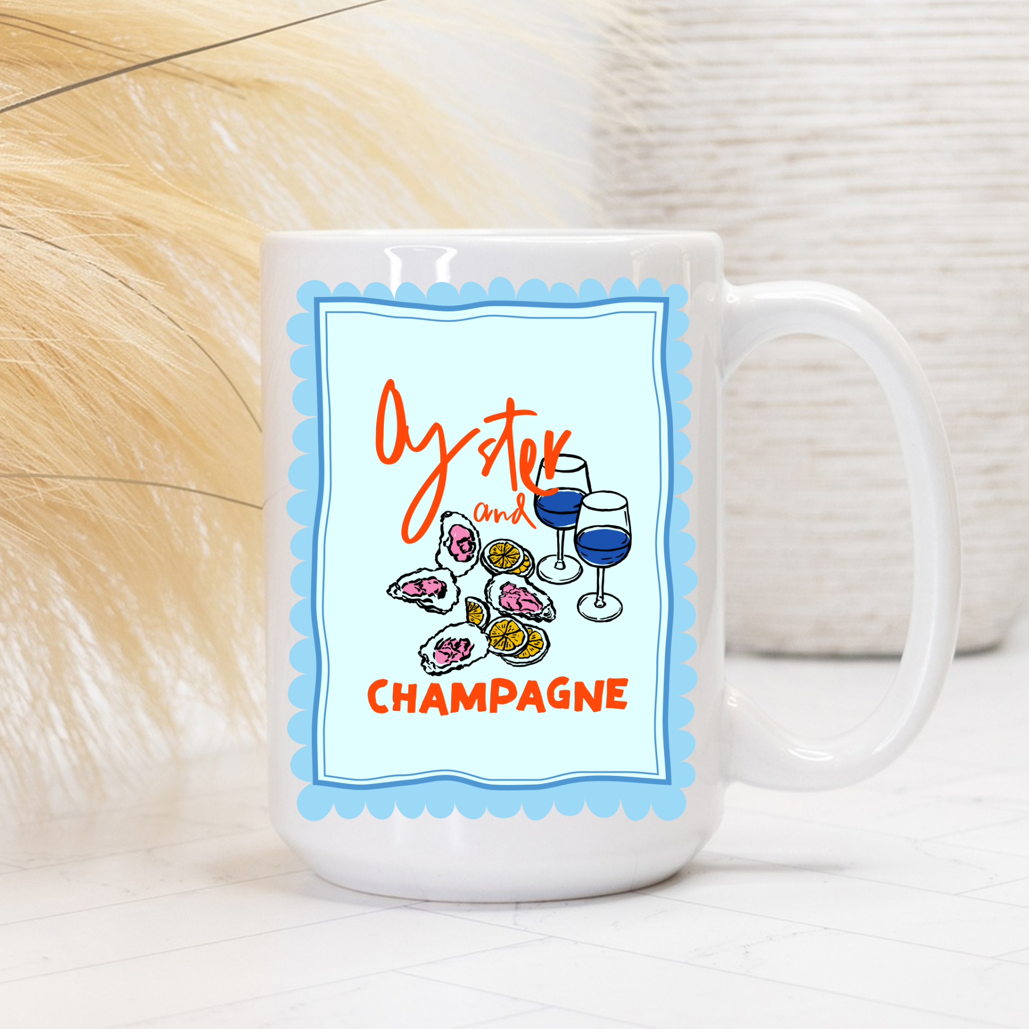 White 15oz. mug with 'Oyster and Champagne' design on a light background