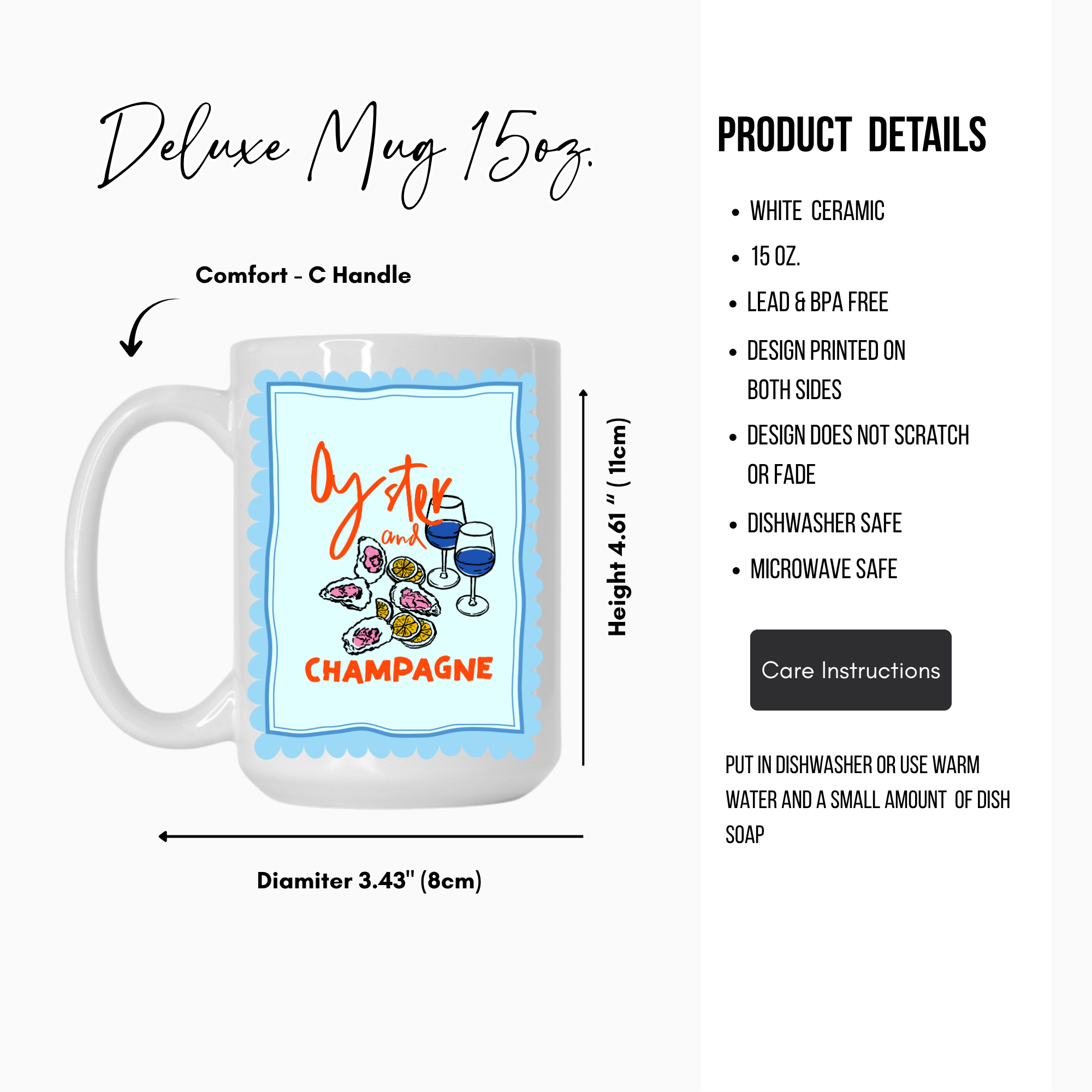 White 15oz. ceramic mug with a design printed on it, featuring product details on a white background.