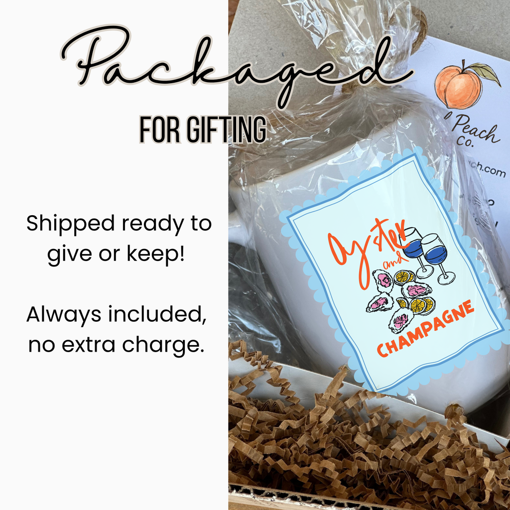 15oz. white ceramic mug in Gift package with a card labeled 'Peach Co' and text about gifting.