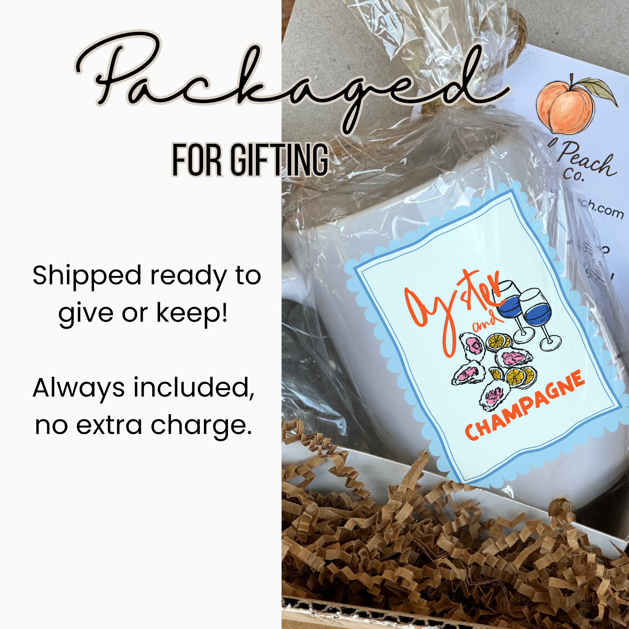 15oz. white ceramic mug in Gift package with a card labeled 'Peach Co' and text about gifting.