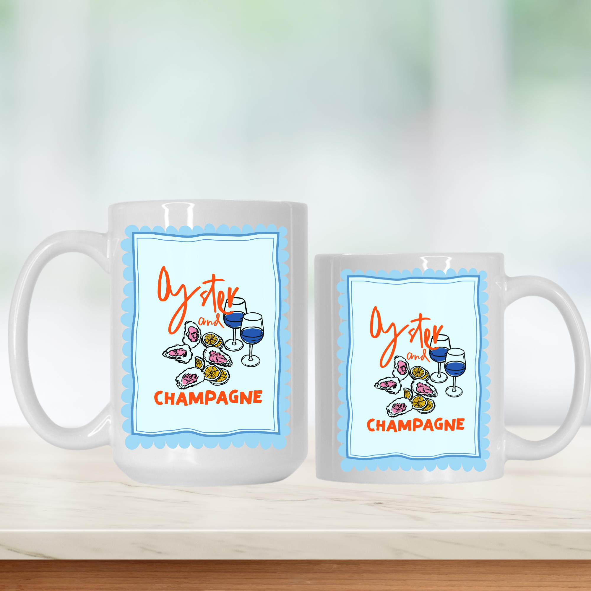 15oz. and 11oz.  white mugs with colorful oyster and champagne designs and text on a light background