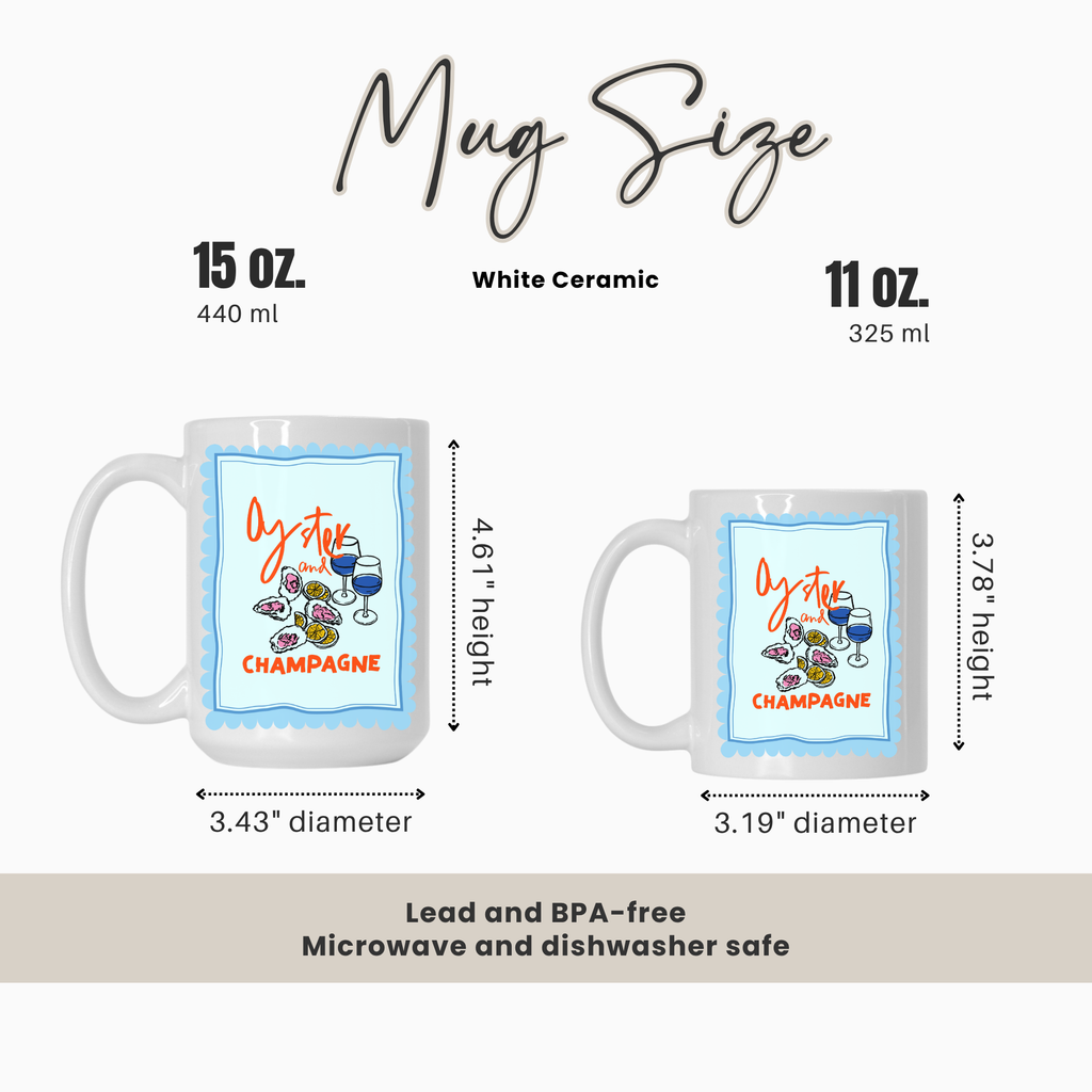 Comparison of two mugs with measurements and product details on a white background
