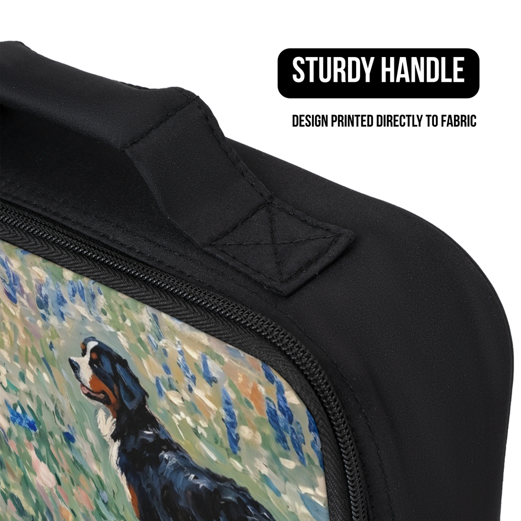 Black bag with a Bernese mountain dog design printed directly to fabric, featuring a sturdy handle.
