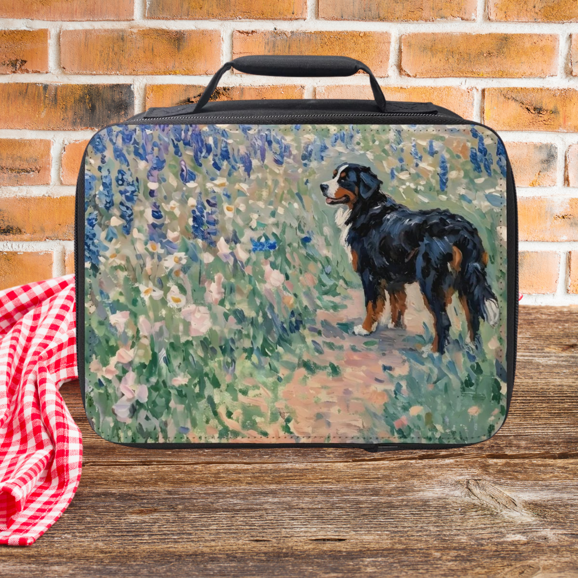  insulated lunch bag with a Bernese mountain dog and floral design on a wooden surface with a brick wall background
