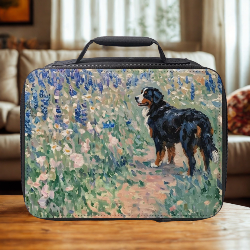  insulated lunch bag with a dog and floral design on a wooden table