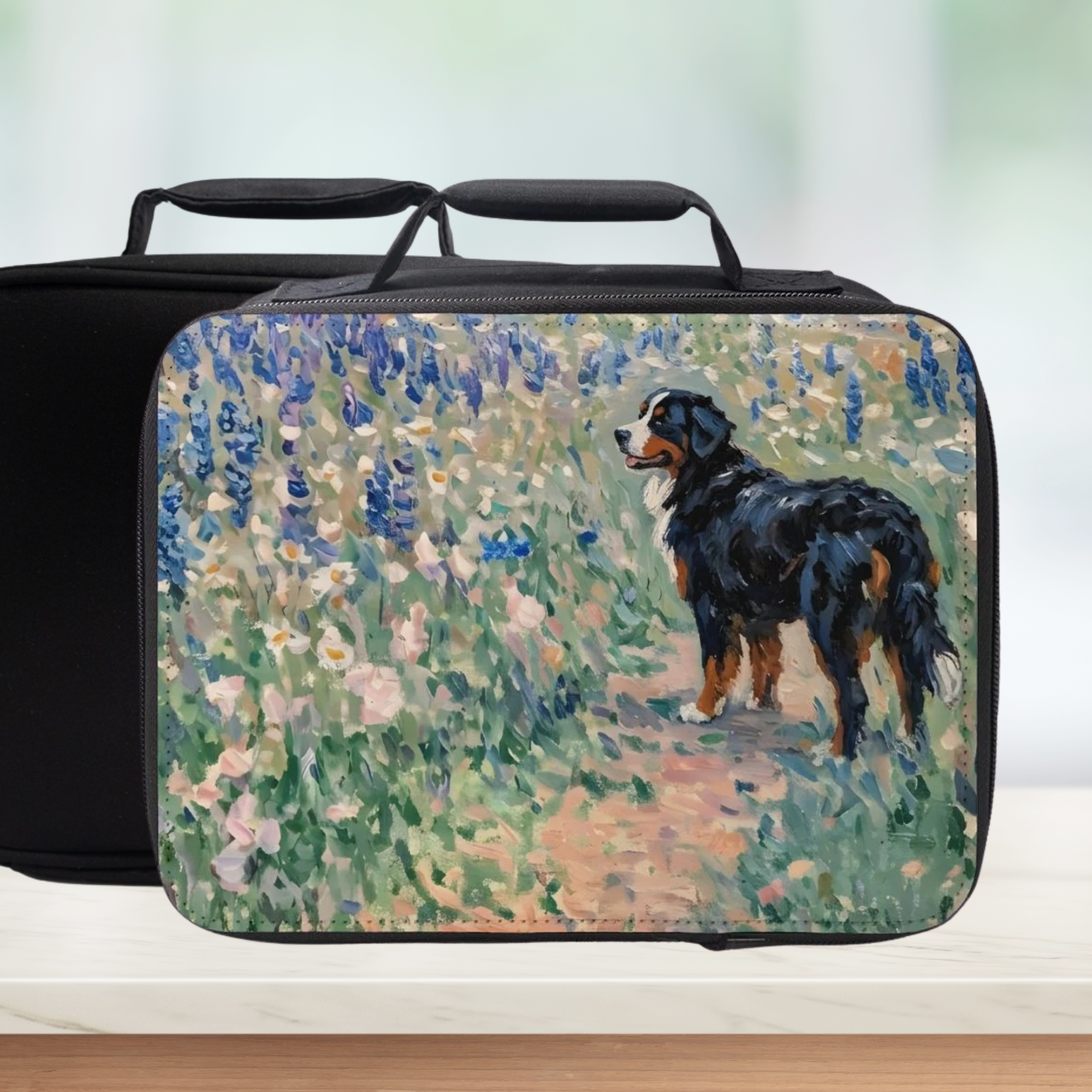 Rectangular lunch bag with a dog and floral design on a white background