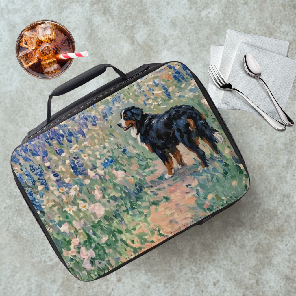 Lunch bag with a dog painting design on a table with a drink and utensils.