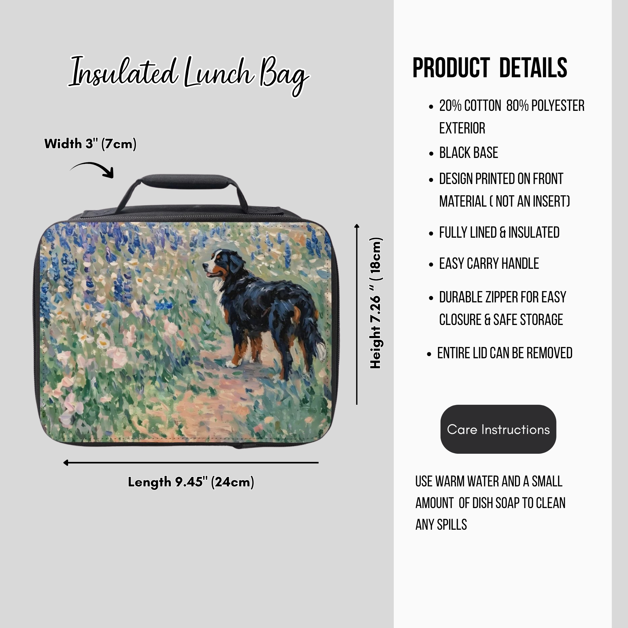 Insulated lunch bag with Bernese mountain dog design and product details on a gray background