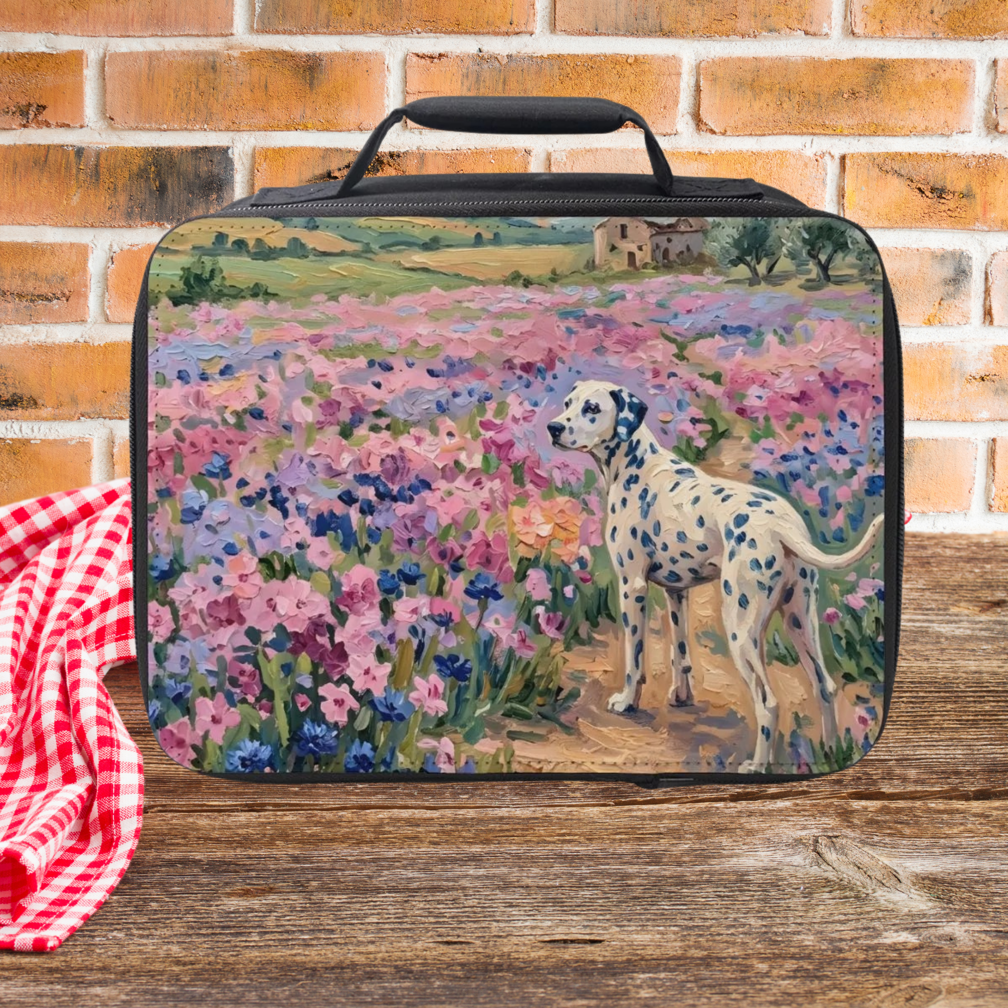 Lunch bag with a dalmatian dog and floral design on a wooden picnic table against a brick wall.