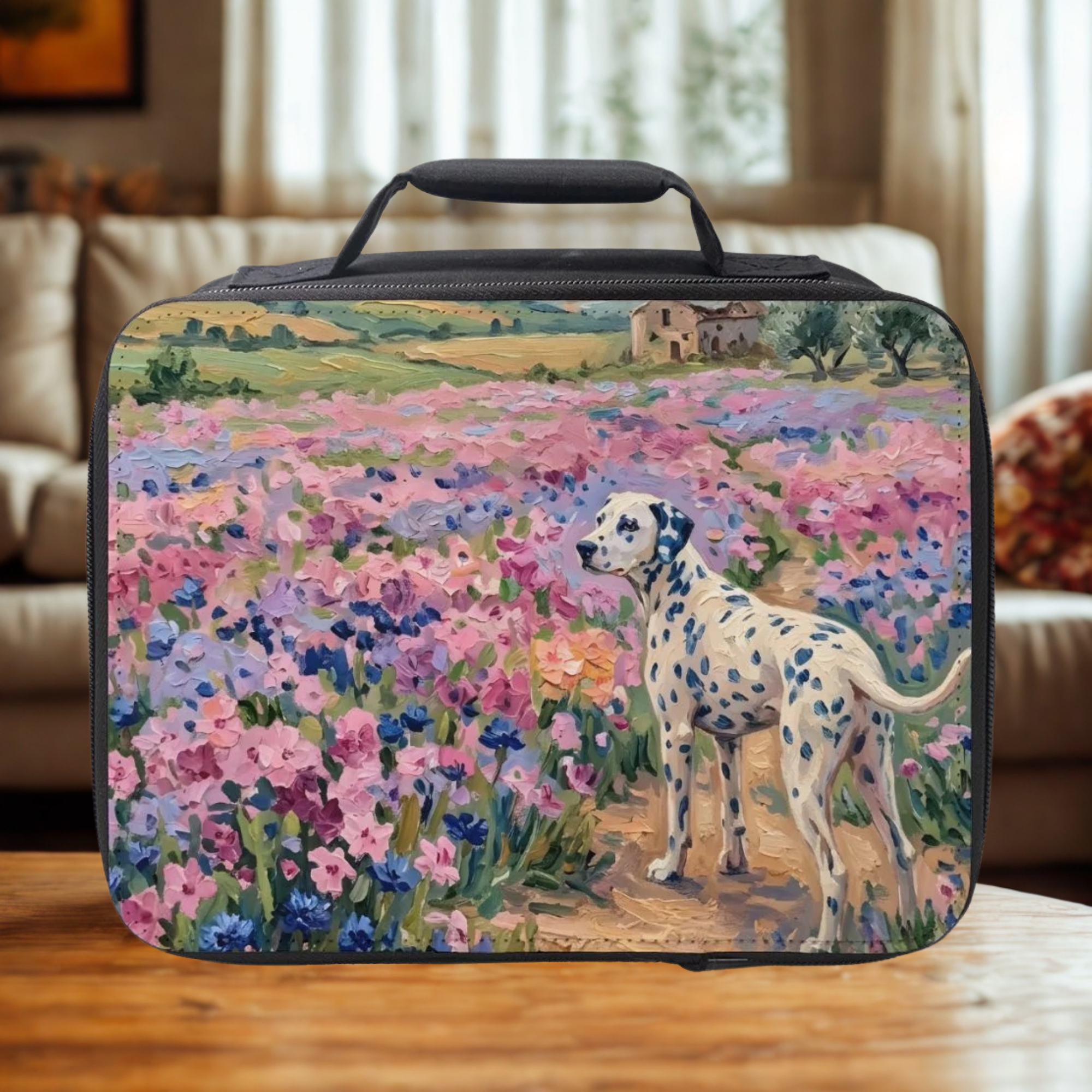 Lunch bag with a dalmatian dog and floral field design on a wooden coffee table in a cozy living room.