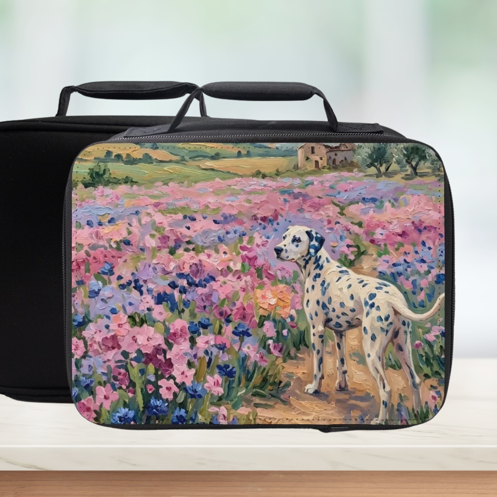 Lunch bag with a dalmatian dog and floral field design on a white background